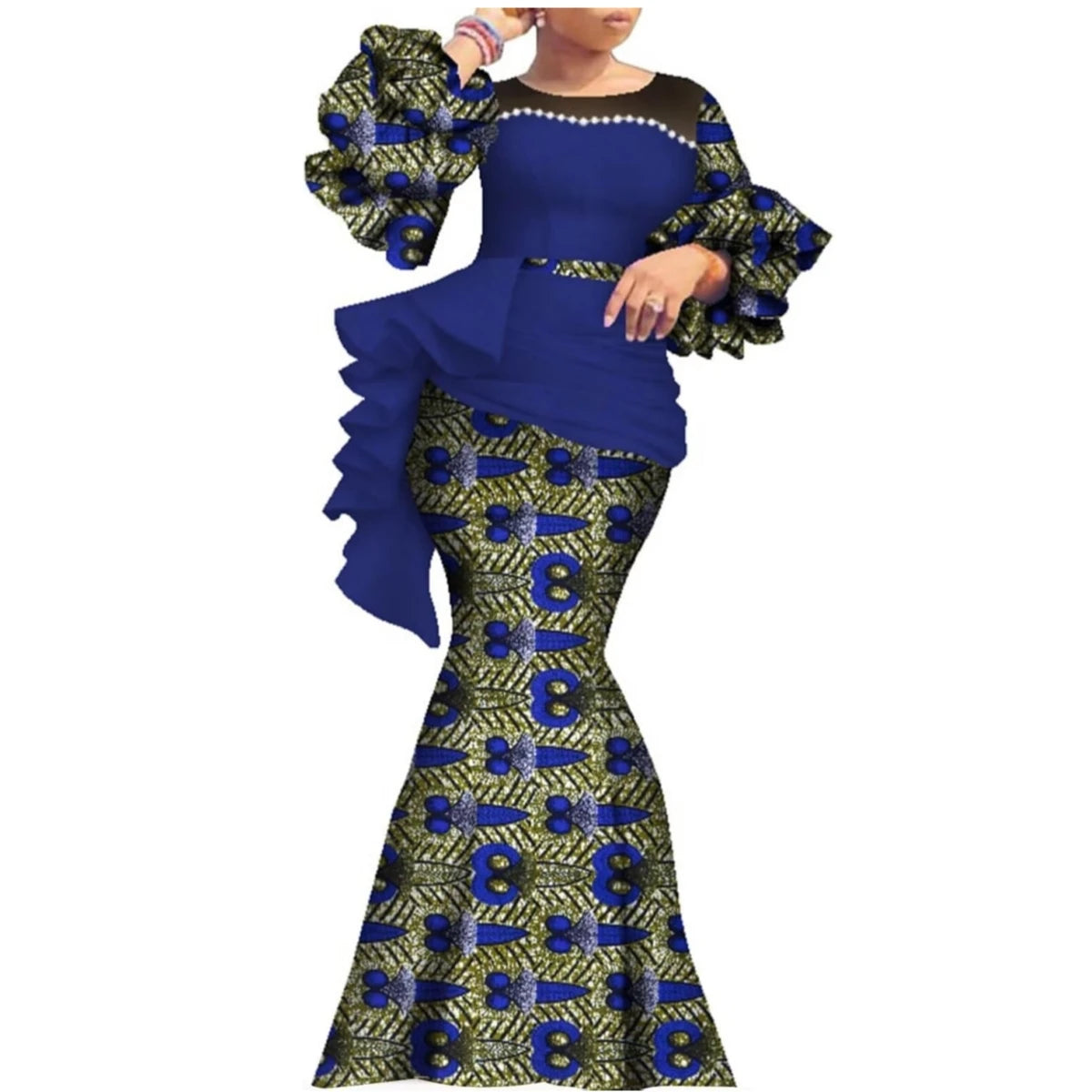 Women’s Ankara Print Lantern Sleeve Maxi Dress – Dashiki | Pearl Detail | Cotton Wax | Wedding & Party | XS–6XL + Custom | 14 Prints