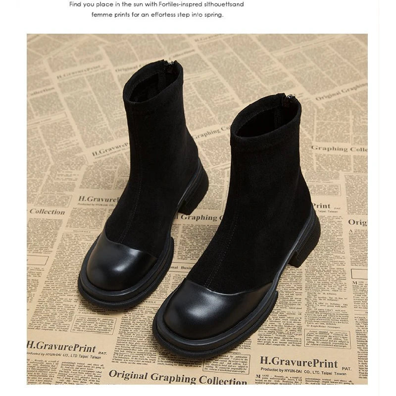 Women Patchwork Suede Ankle Boots Back Zipper Chunky Platform Heel Short Boots Fashion Autumn Winter Botas Mujer