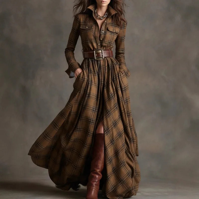 French Retro Plaid Print Slit Long Dresses Woman Elegant Turn-down Collar Button Maxi Dress Autumn Long Sleeve Pocket Boho Dress