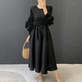 LANMREM Tie Flower Lantern Sleeve Pleated Women's Dress 2026 Spring New Lace Up Waist Design Round Collar Elastic Cloth 2DB6619