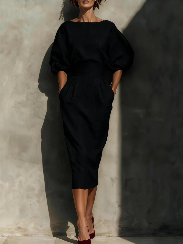 Elegant Fashion Solid Party A-lien Dress Casual O-neck Lantern Sleeve Pocket Dress Temperament High Waist Pleated Wrap Hip Dress