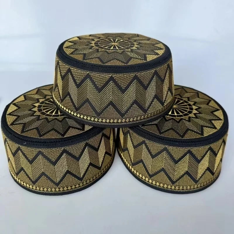 Men's Muslim Embroidery Cap | Islamic Gold Turban Bonnet | Eid Ramadan Prayer Hat