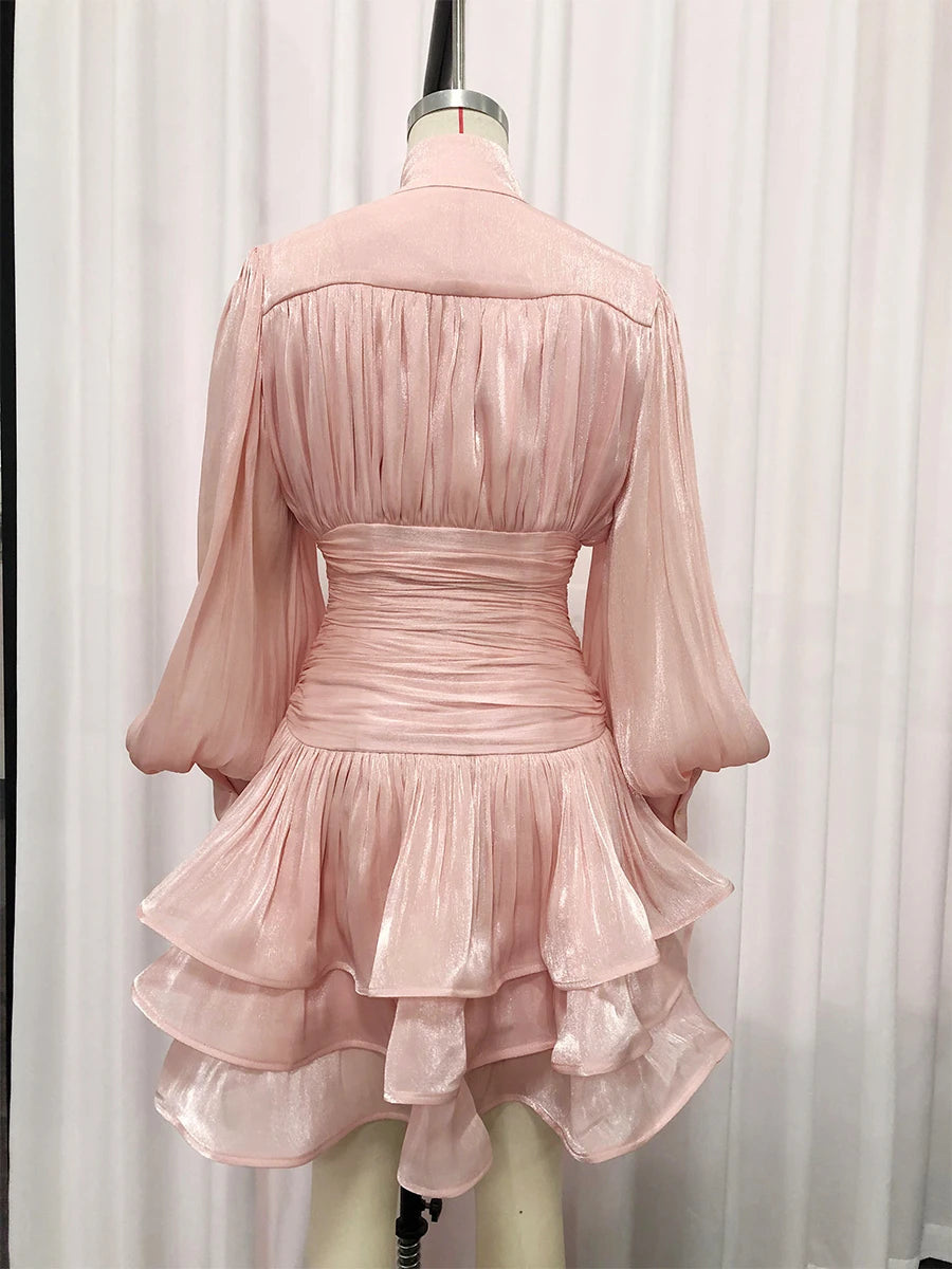 VGH Elegant Pink High Neck Organza Fabric Mini Dresses for Women Puff Sleevs Ruched Waist Tiered Ruffles for Cocktail Parties