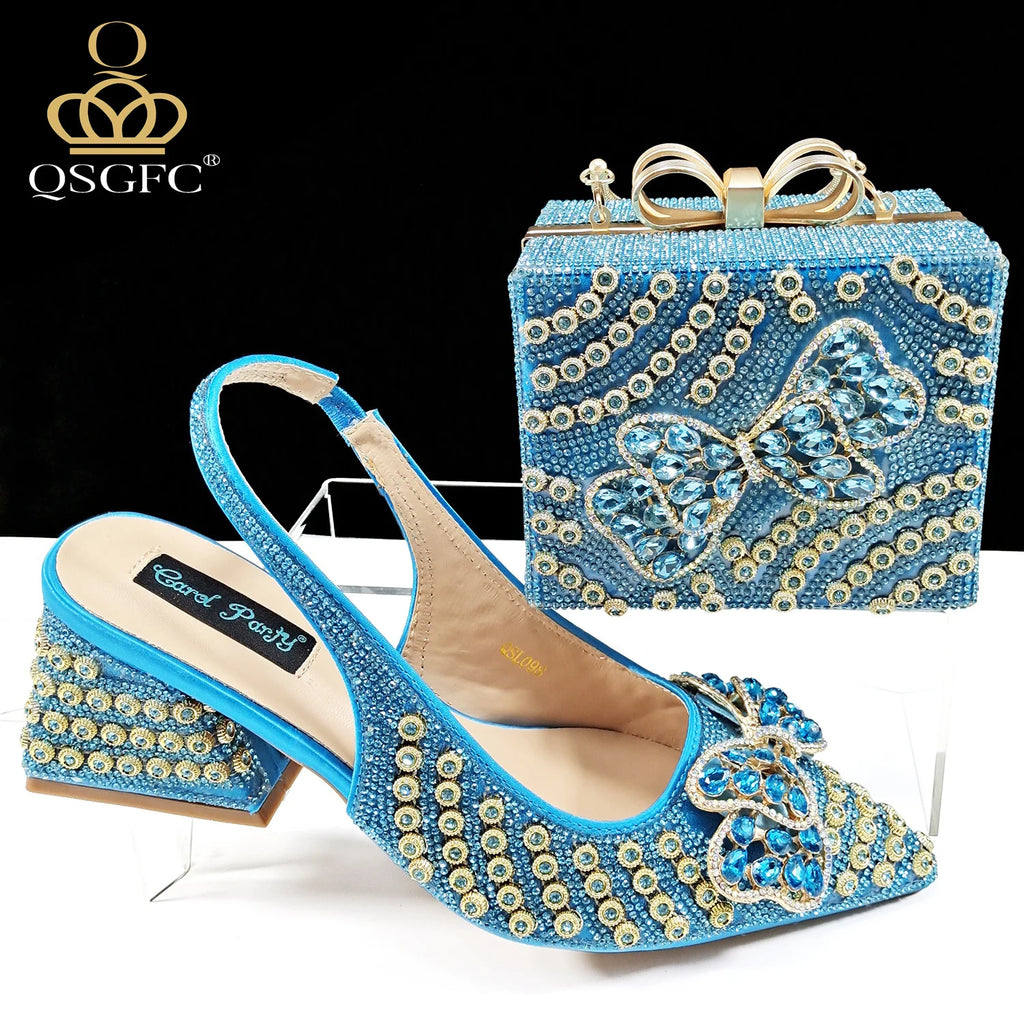2026 New Arrival Italian-Inspired Champange Rhinestone Pointed Toe Women’s High Heels with Matching Handbag Set Elegant Wedding