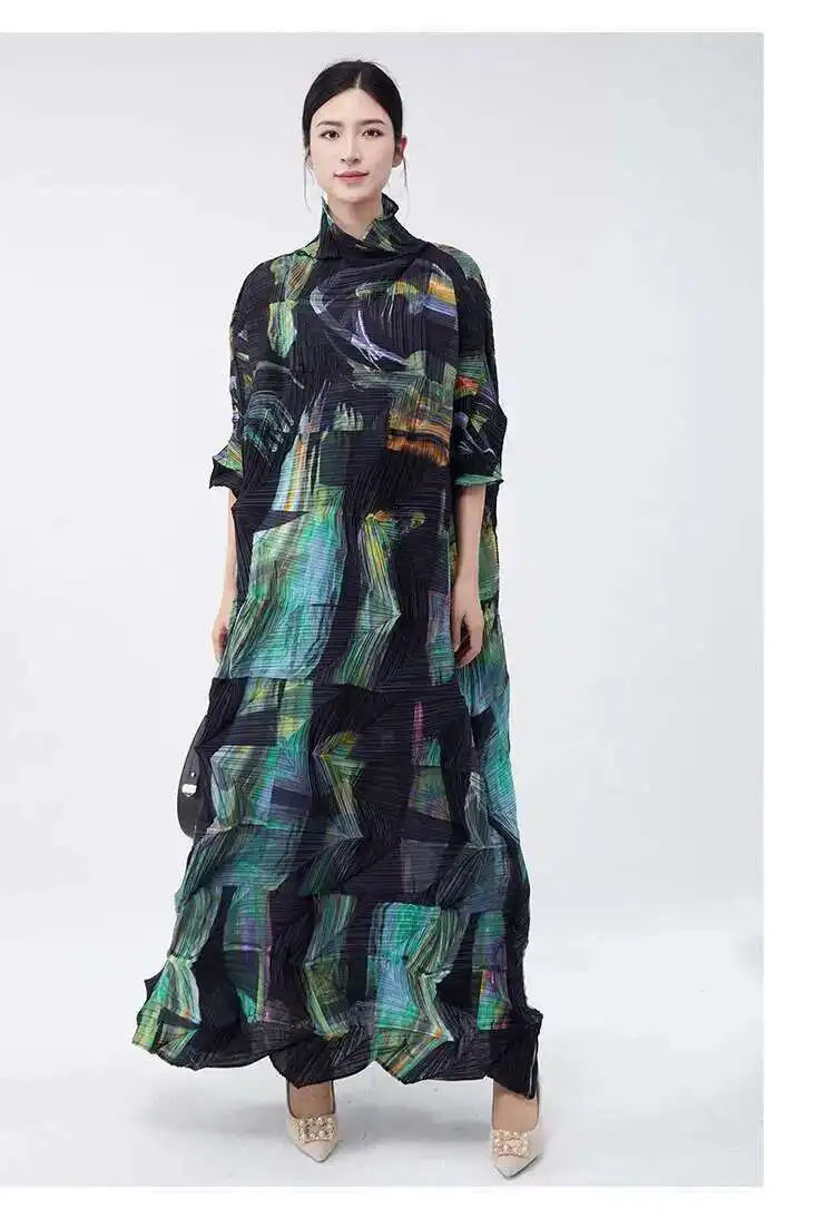 LANMREM Large Size Pleated Dress For Women Turtleneck Printing Loose Dresses Female Casual Clothing 2025 Spring New 2DB2113