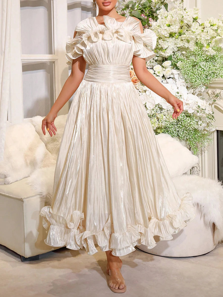 VGH Elegant Off Shoulder Ruffle Midi Maxi Dress for Women Shiny Pleated Waistband Back Zipper for Formal Prom Evening Party Gown