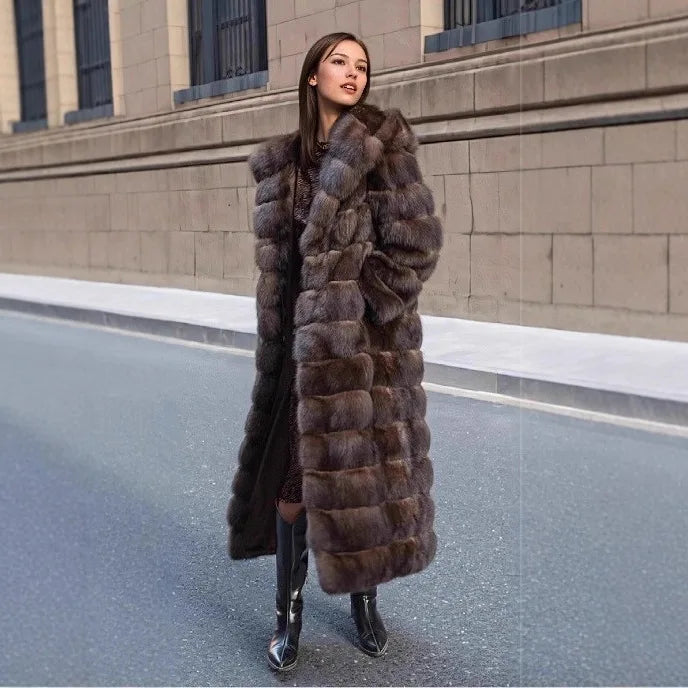 Manteau Chic Vintage Marron pour Femme, en Fausse Fourrure, à Capuche, Chaud, Épais, avec Bordure en Fourrure, Respectueux de l'Environnement