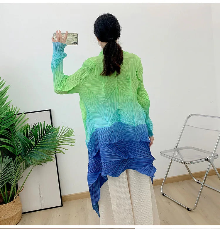 Women's Miyake Pleated Gradient Cardigan Cape Jacket | Loose Mid-Length Autumn Coat 2025 | AvantBah