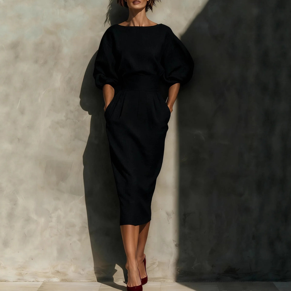 Elegant Solid Midi Dress – Lantern Sleeves | Boat Neck | Pockets | Mermaid Hem | S–XXXL | Burgundy, Black & Orange