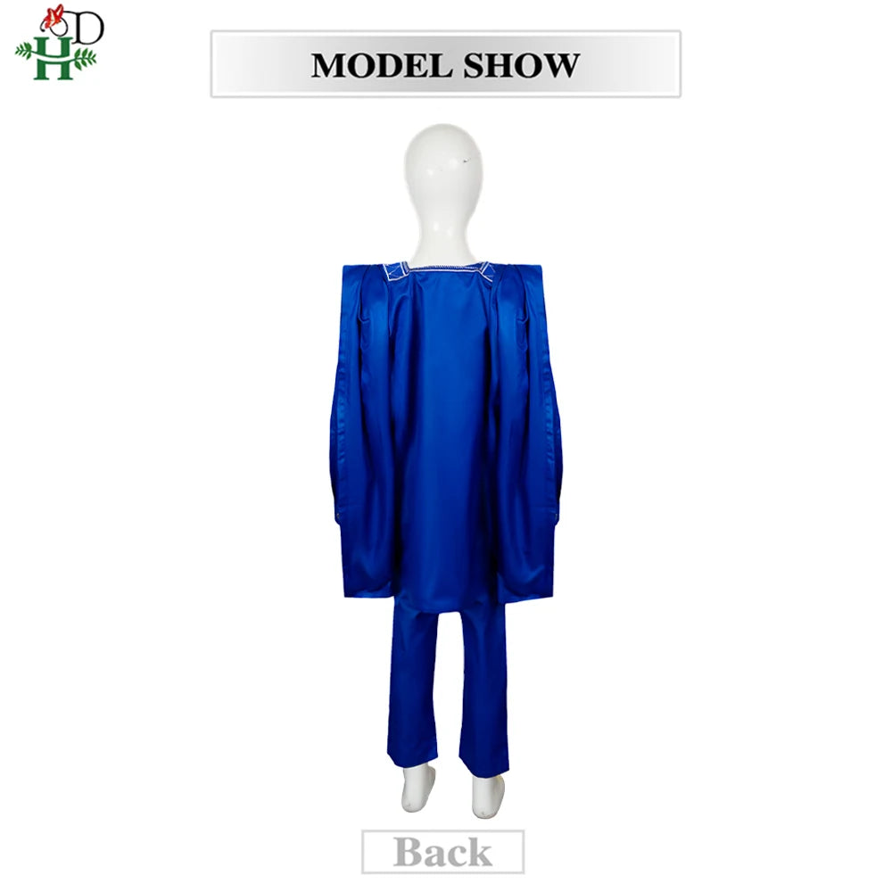 Boys White Blue Long Sleeve Tops Embroidery Dashiki Robe Shirt And Pant Set 3 PCS