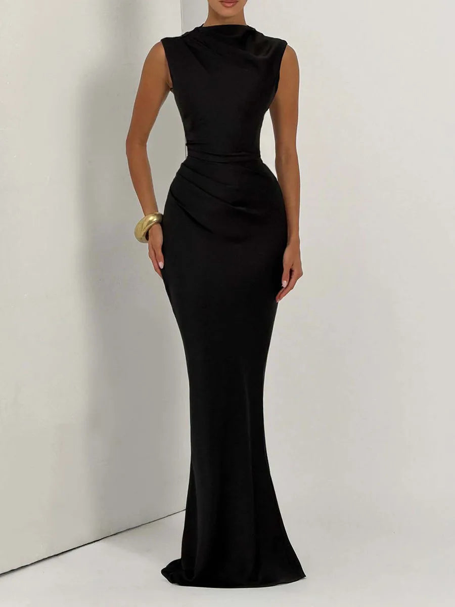 VGH Solid Fashion Satin Cowl Neck Maxi Dress For Women Sleeveless Ruched Waist Mermaid Hem Elegant Evening Banquet Chic Outfit