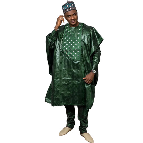 African Bazin Riche Embroidered Outfit – Women's Dress or Men's Top & Trousers Set | Cotton | L–5XL | Green