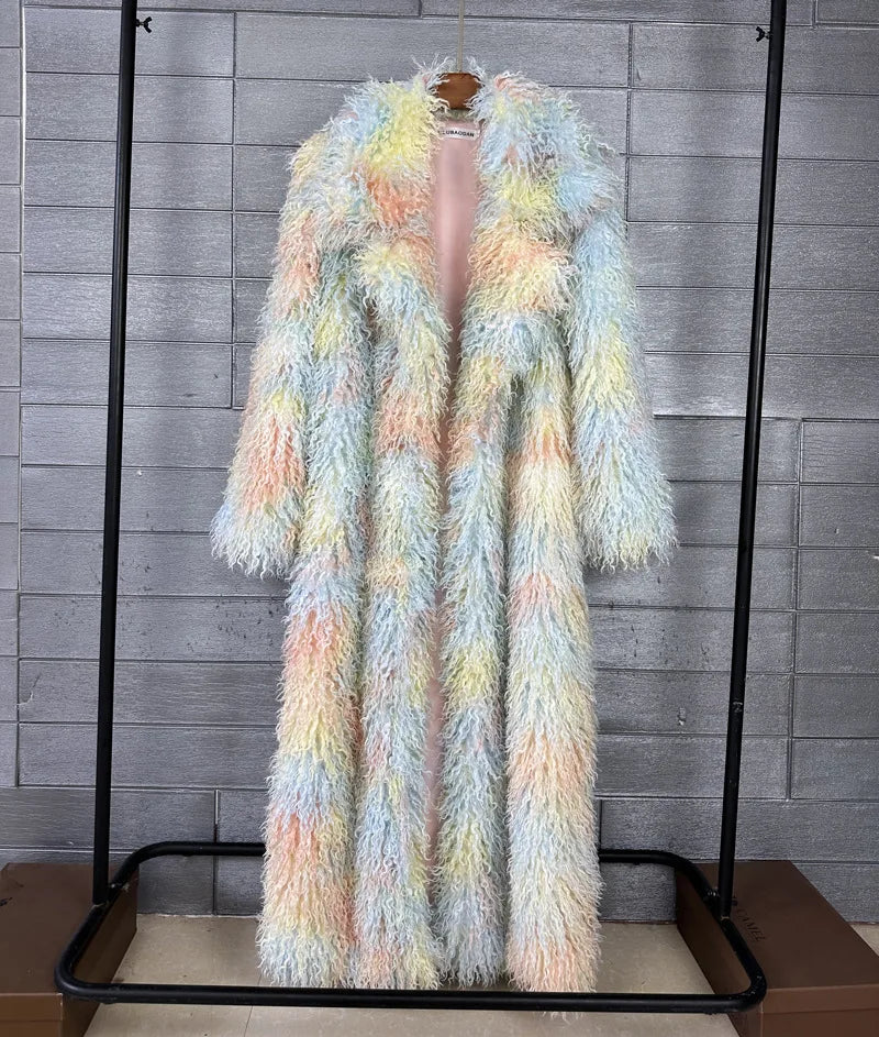 LANMREM Trendy Women's Faux Fur Coat Printed Colorful Furry Coats Autumn Winter Chic Suit Collar Thick Long Overcoat 2DB5840