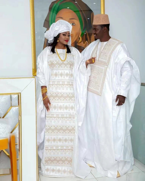 African Couples Matching Bazin Riche Embroidered Floor-Length Dress Set with Scarf – 100% Cotton | Kanga Style | Sizes L–5XL | White