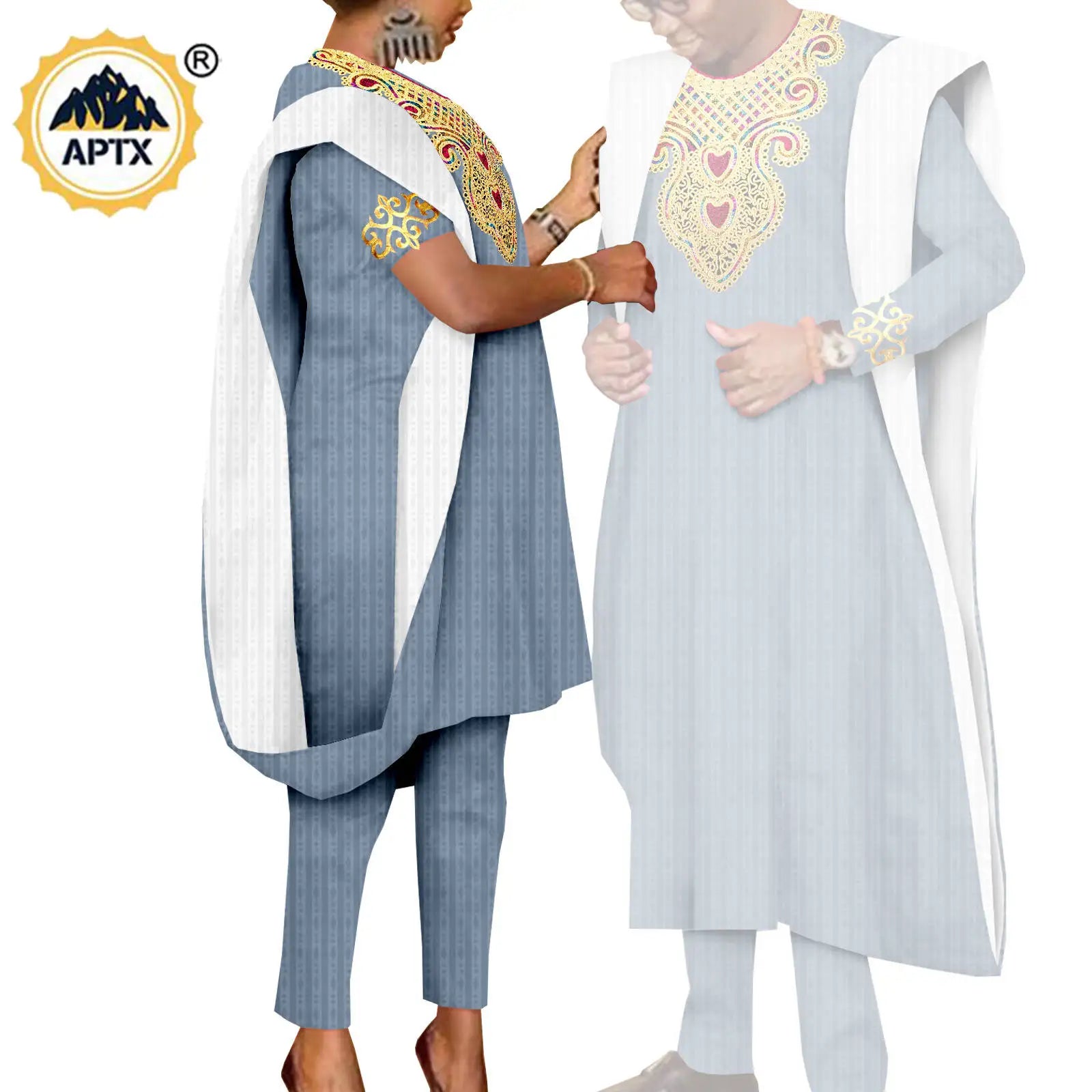 African 3 Pieces Suit for Men Matching Couple Outfits Agbada Dashiki Women Muslim Sets Bazin Riche Applique Robes Asoebi Y23C029