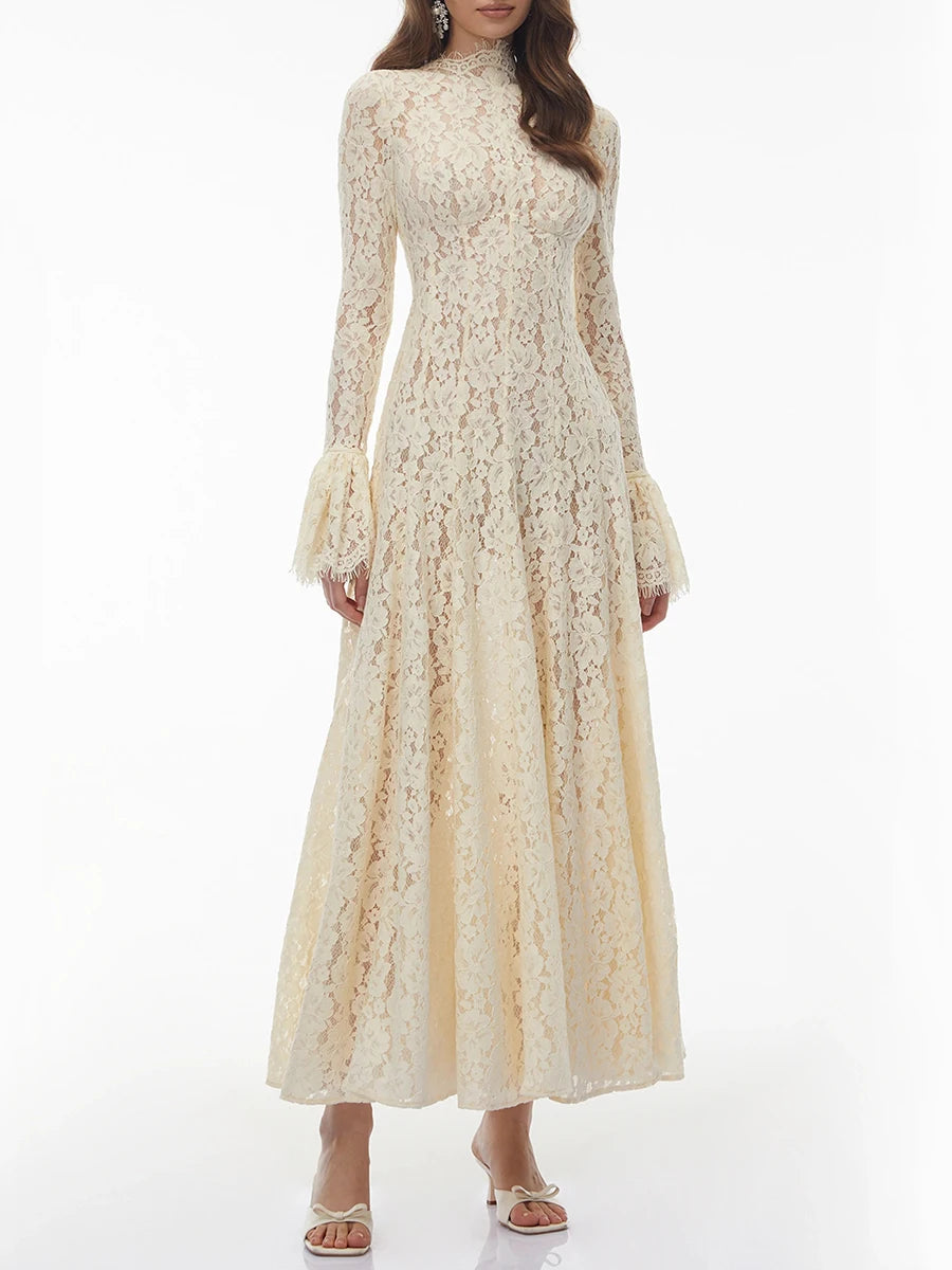 VGH White Loose Spliced Lace Chic Dresses for Women O Neck Long Sleeve French Elegant Dress Female Summer Fashion Style Clothing