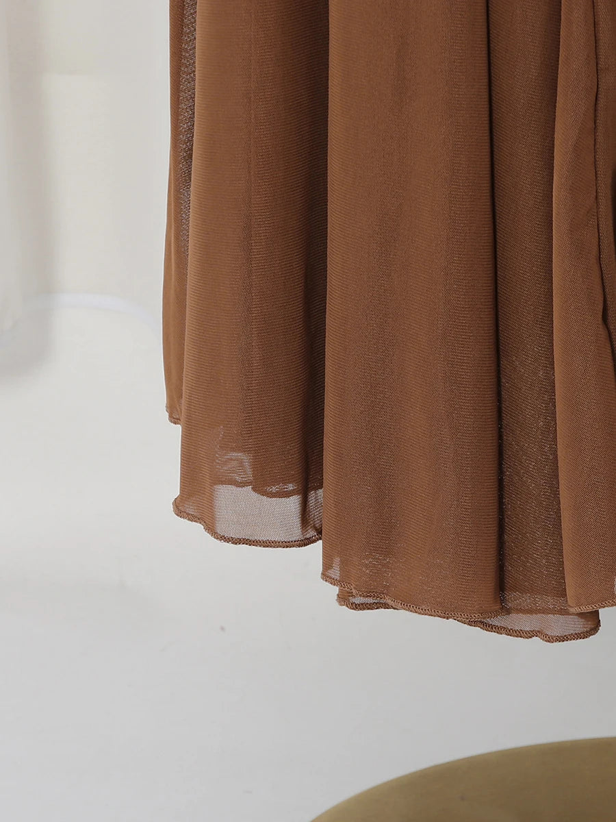 VGH Yellow Dinner Loose Folds Maxi Dresses for Women O Neck Shoulder Pud High Waist Temperament Dress Female Fashion Clothing
