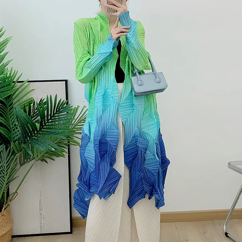 Women's Miyake Pleated Gradient Cardigan Cape Jacket | Loose Mid-Length Autumn Coat 2025 | AvantBah