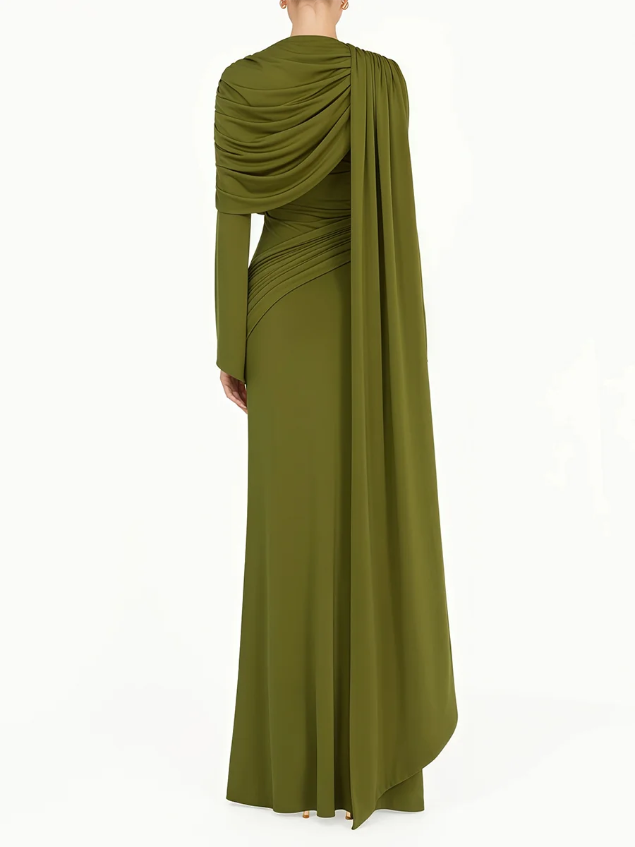 VGH Wedding Guests Green Shawl Mermaid Maxi Dress for Round Neck Flared Long Sleeve Draped Bodycon Skirt for Galas Red Carpet