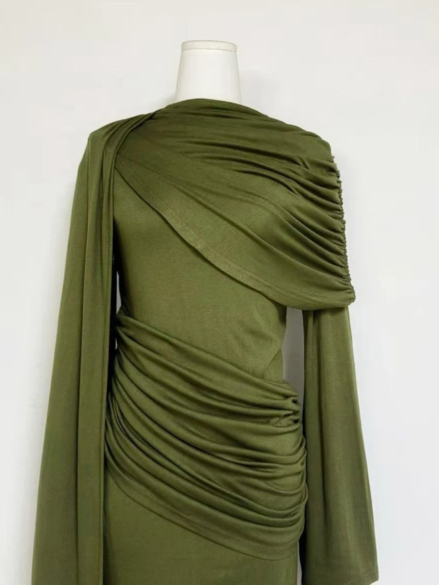 VGH Wedding Guests Green Shawl Mermaid Maxi Dress for Round Neck Flared Long Sleeve Draped Bodycon Skirt for Galas Red Carpet