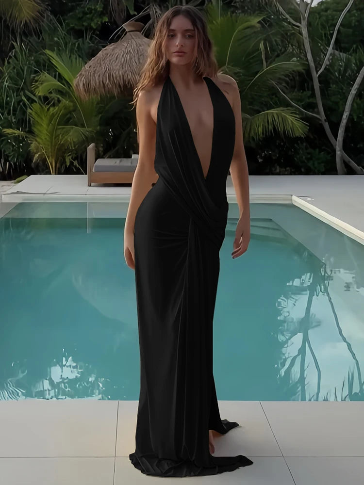 Sexy Backless Long Dress Women Halter Deep V-Neck Sleeveless High Splits Hem New Trend Pool Style Elegant Vestidos