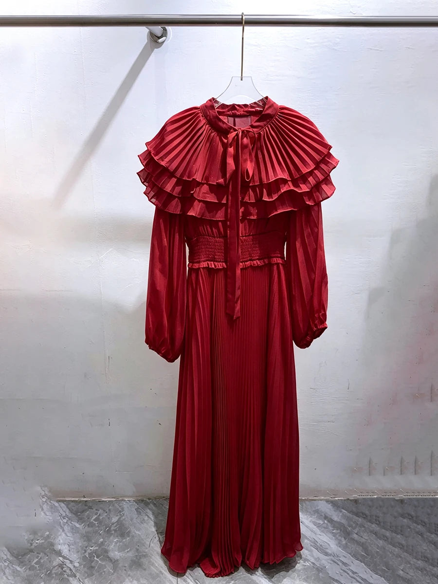 VGH Classy Layer Ruffled Stand Collar Chiffon Maxi Dress for Women Tie Neck Balloon Long Sleeve Smocked Waist Pleated for Party