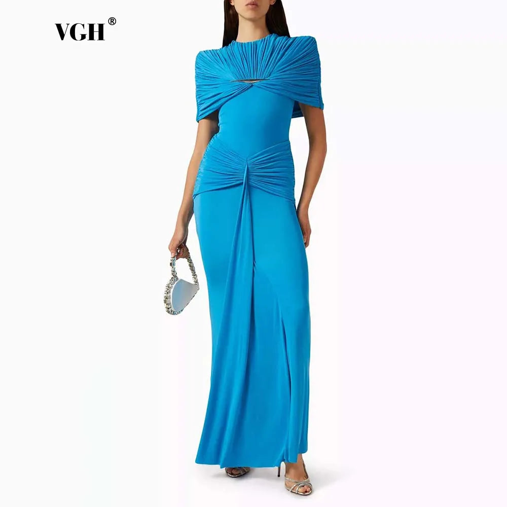 VGH Elegant Light Luxury Maxi Dress for Women Cape Sleeve Cutout Twist Waist Long Gown for Celebrity Formal Dinner Party Outfit