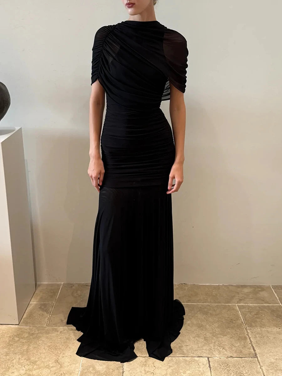 VGH Luxury Galas Event Black Sheer Mesh Ruched Maxi Dress for Women O Neck Short Sleeves Bodycon Silhouette Skirt for Red Carpet