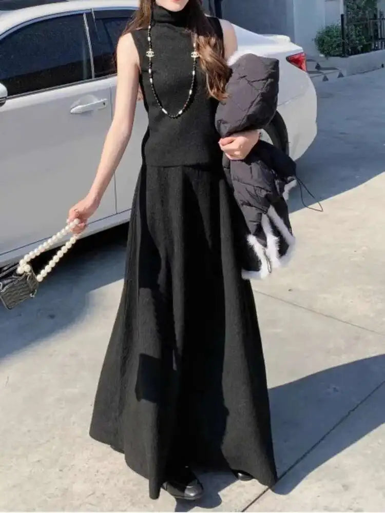 Ensemble 3 Pièces Tricoté Élégant Femme – Long Cardigan, Gilet Sans Manches, Jupe Longue Taille Haute Évasée