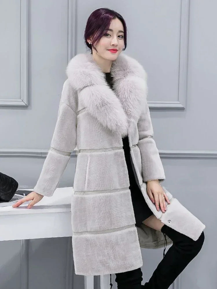 Women’s Long Faux-Fur Coat with V-Neck and Buttons