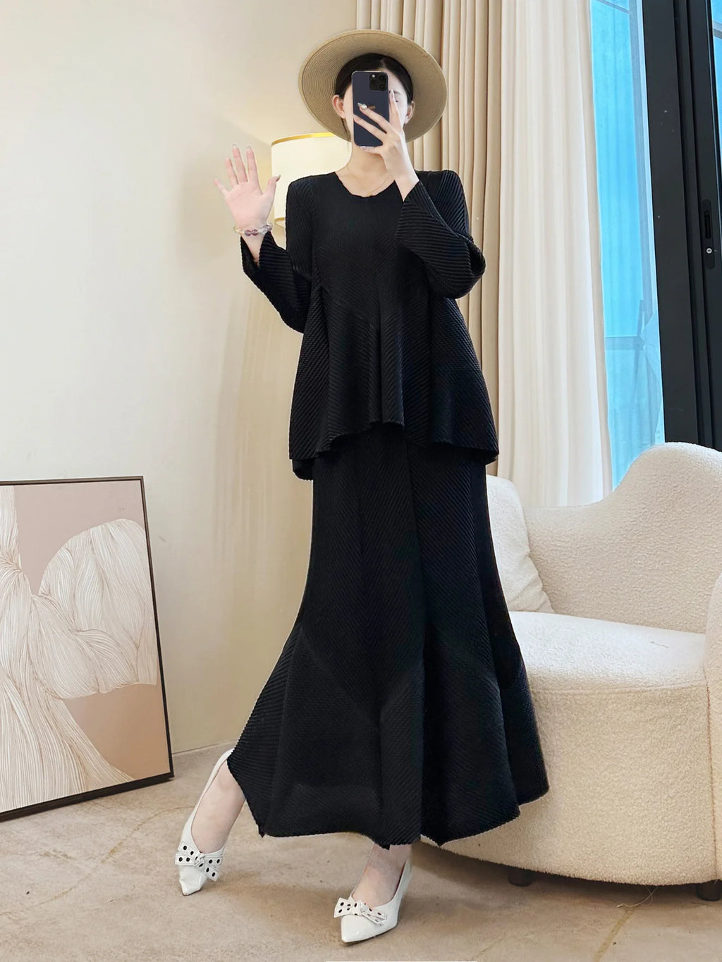 LANMREM Niche New Pleated Women's Two Pieces Set Round Collar Long Sleeve Irregular Patchwork T-shirt And Fishtail Skirt 2DB5114