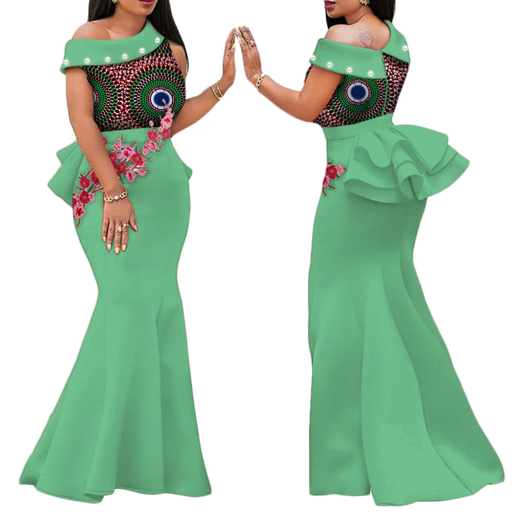 African Print Dresses for Women Riche Applique Draped Peals Long Dress Party Vestidos Traditional African Lady Clothing WY444