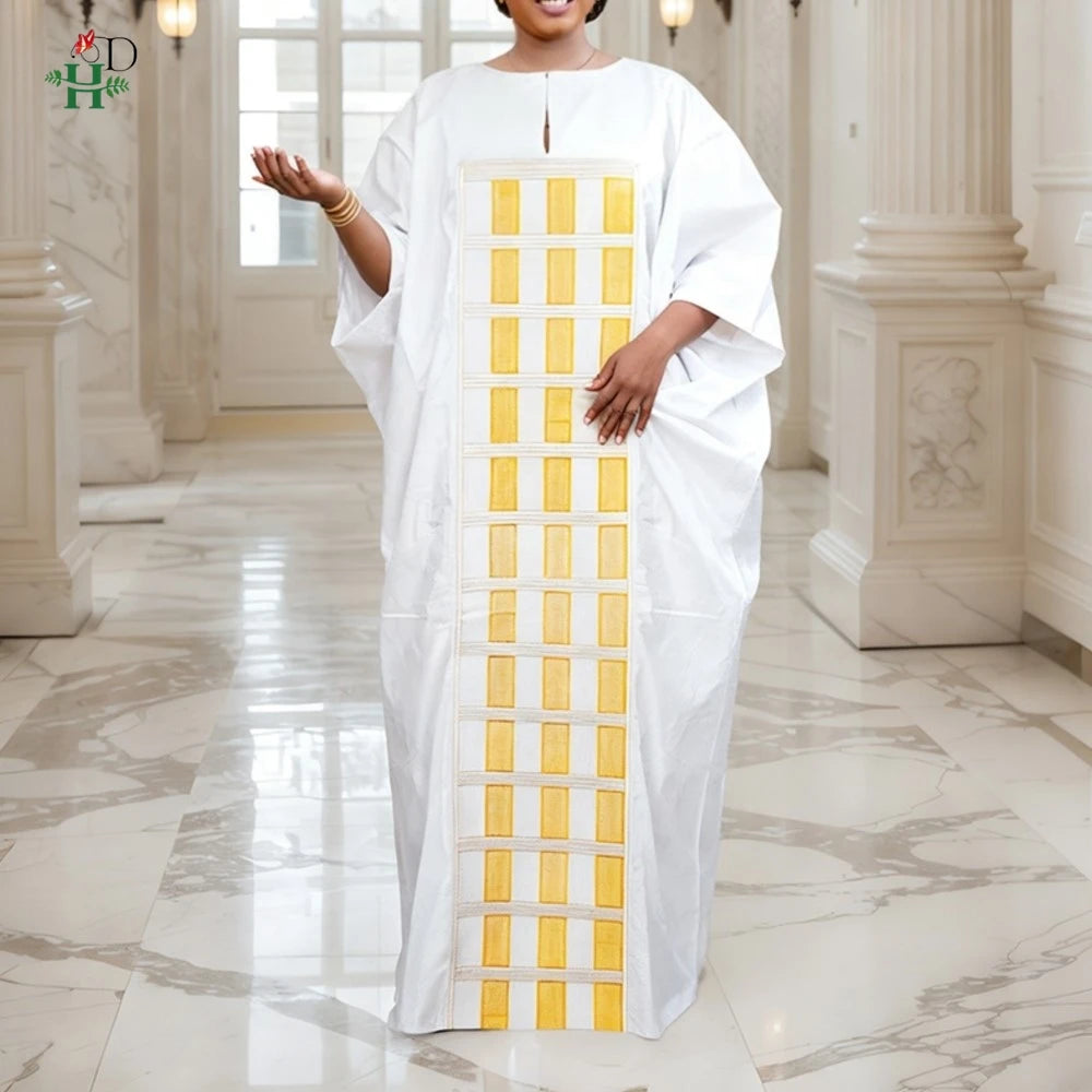 African Plus Size Kaftan Dress | Bazin Embroidery Puff Sleeve Muslim Robe | Wedding & Church