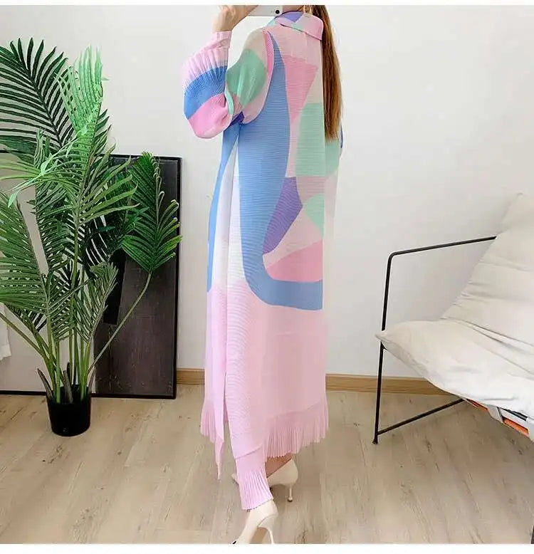 LANMREM Maxi Pleated Dress For Women Lapel Single Breasted Long Sleeves Color Block Tassel Hem Loose Chic Clothing Autumn 2R5928