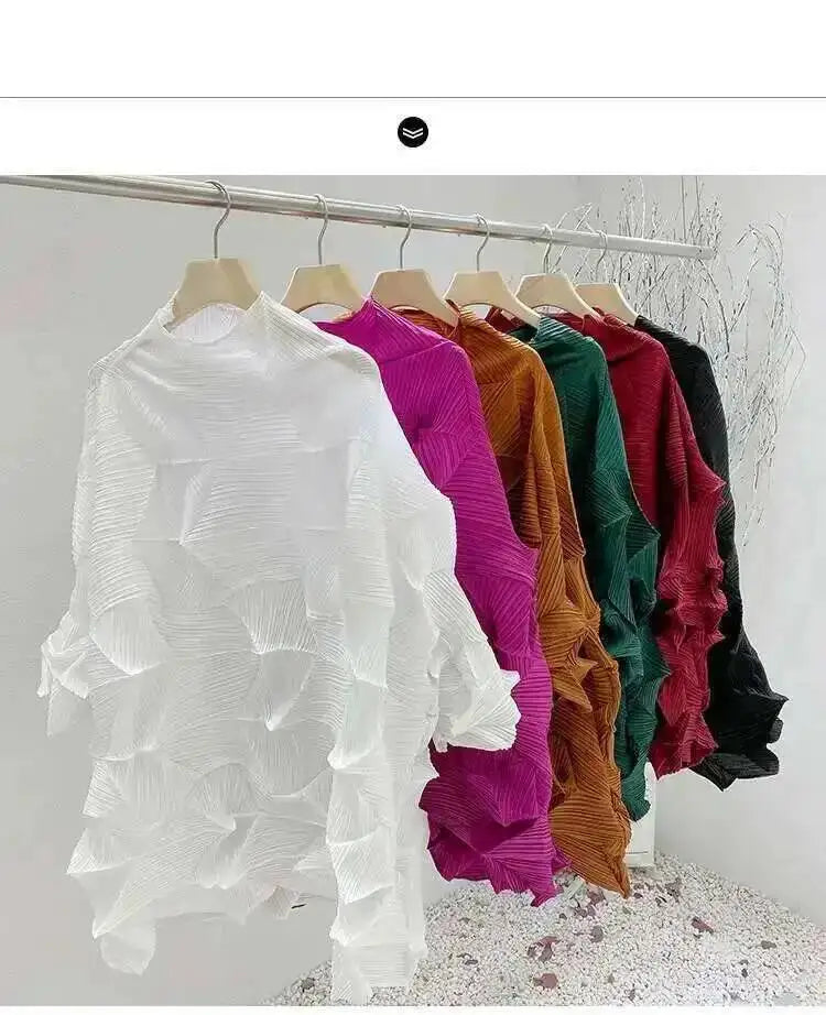 Women's Pleated Stand Collar Top | Loose Solid Colour Chic T-Shirt | Spring Summer 2026 | AvantBah