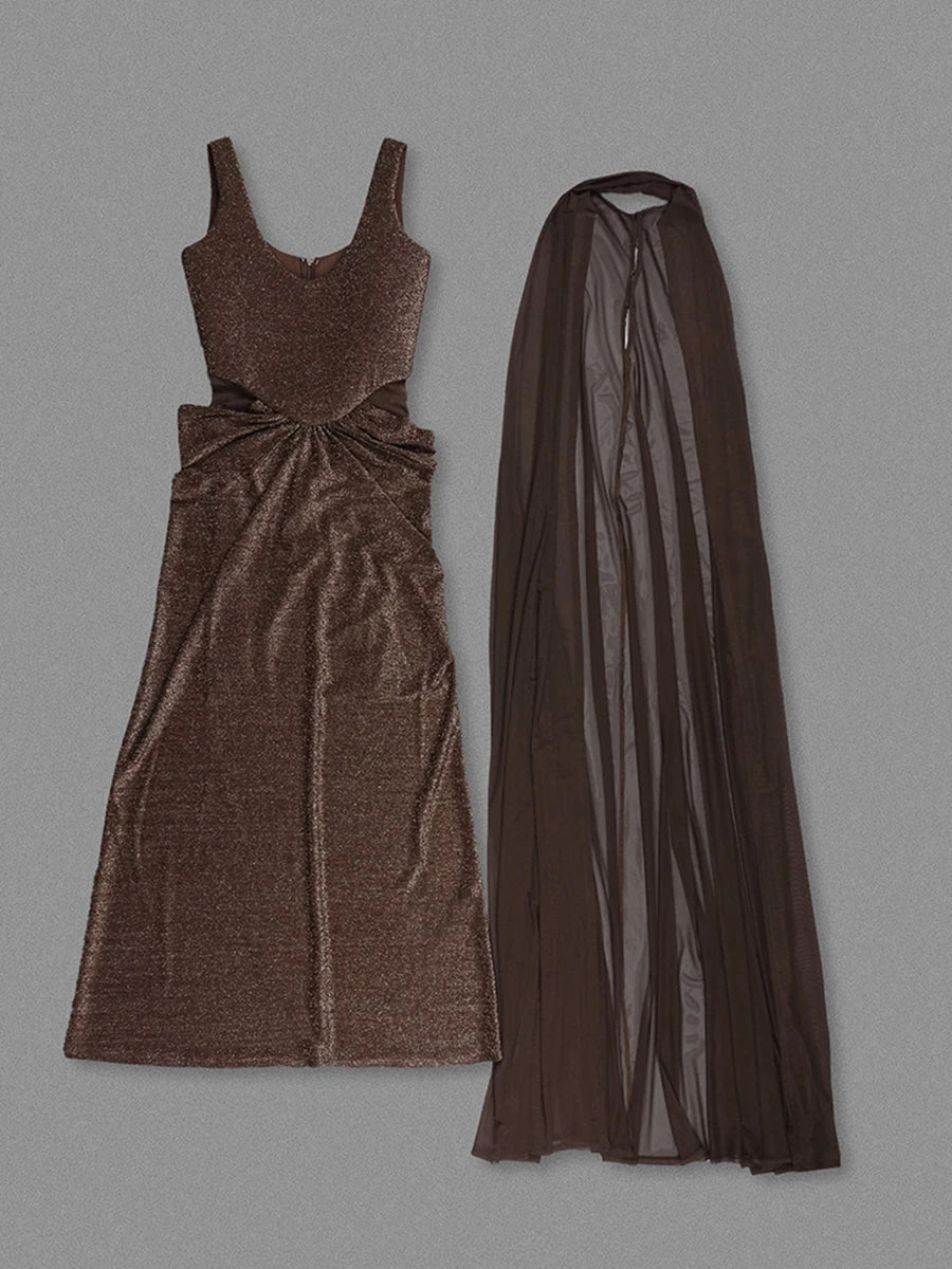 VGH Chic Sparkly Sequin Mermaid Maxi Dress for Women Deep V Sleeveless Mesh Cutout Waist with Sheer Cape for Evening Party Gown