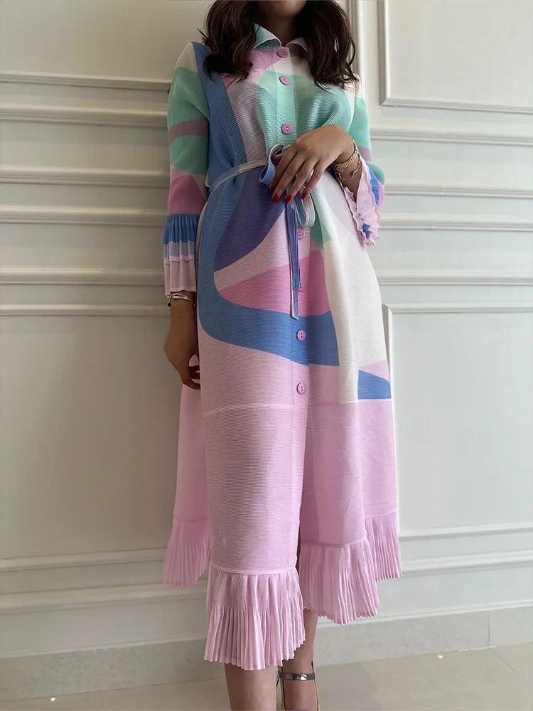 EGRM Pleated Dress Lapel Single Breasted Long Sleeves Color Block Tassel Hem Loose Designer Dresses for Women 2024 New 2Ra5928