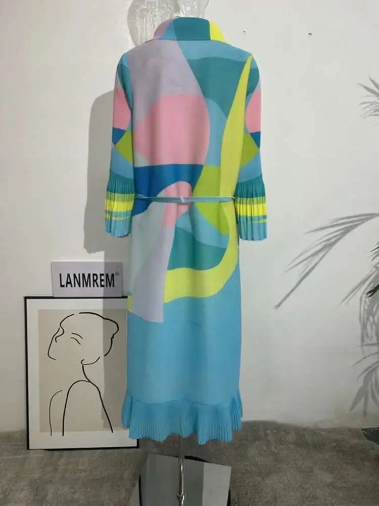 LANMREM Maxi Pleated Dress For Women Lapel Single Breasted Long Sleeves Color Block Tassel Hem Loose Chic Clothing Autumn 2R5928