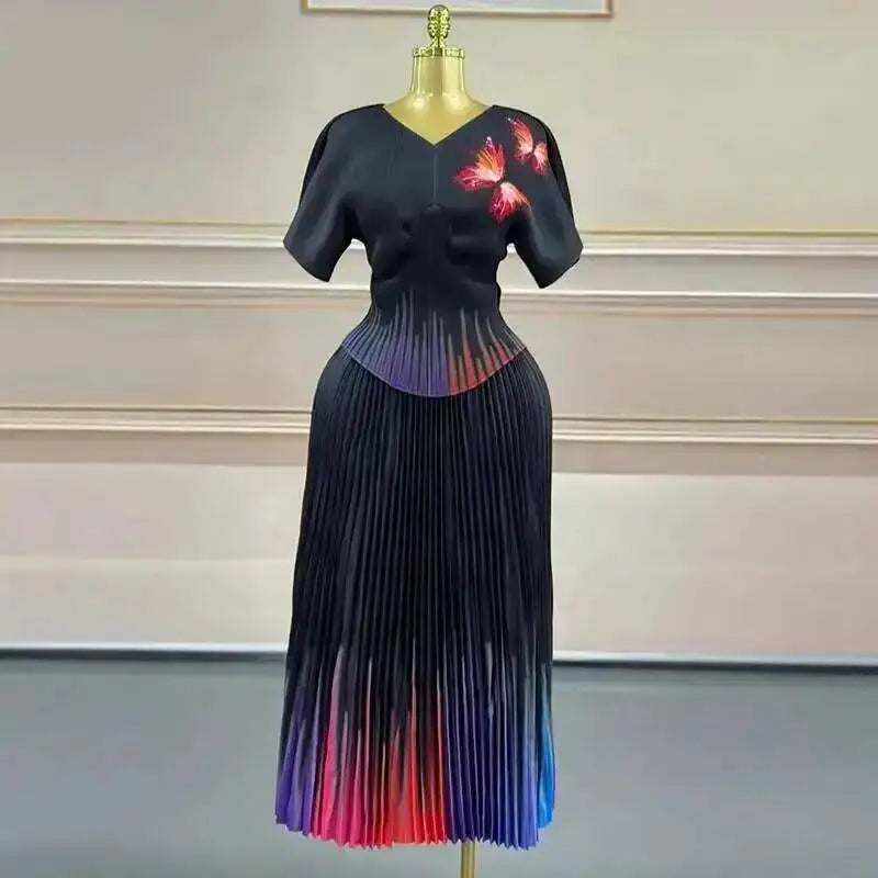 LANMREM Pleated Print Womsn's Two Pieces Set Fashion Loose Batwing Short Sleeve T-shirt And Elastic High Wiast Skirt 2DB5661