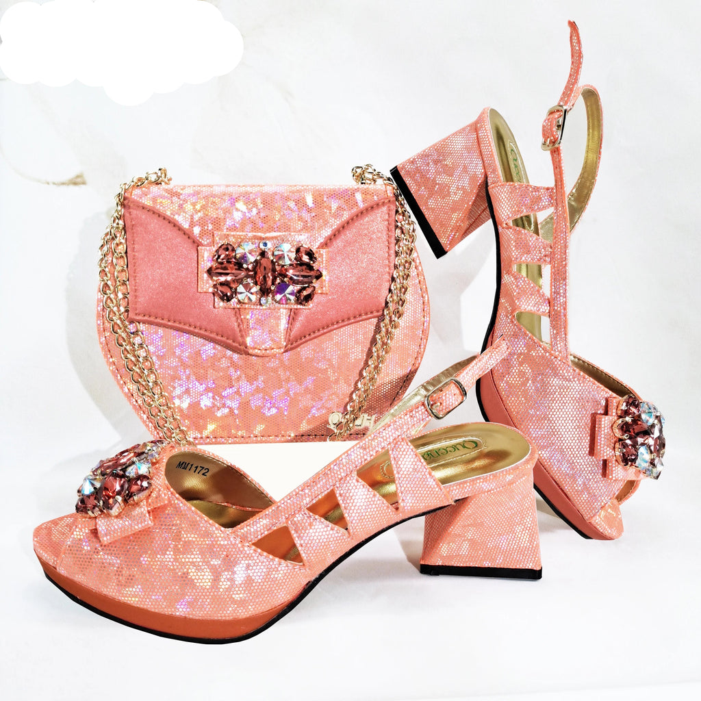 New-Season Peep Toe Ladies Elegant Coral Color Diamond-Embellished High Heels Italian-Designed Shoe and Handbag Set