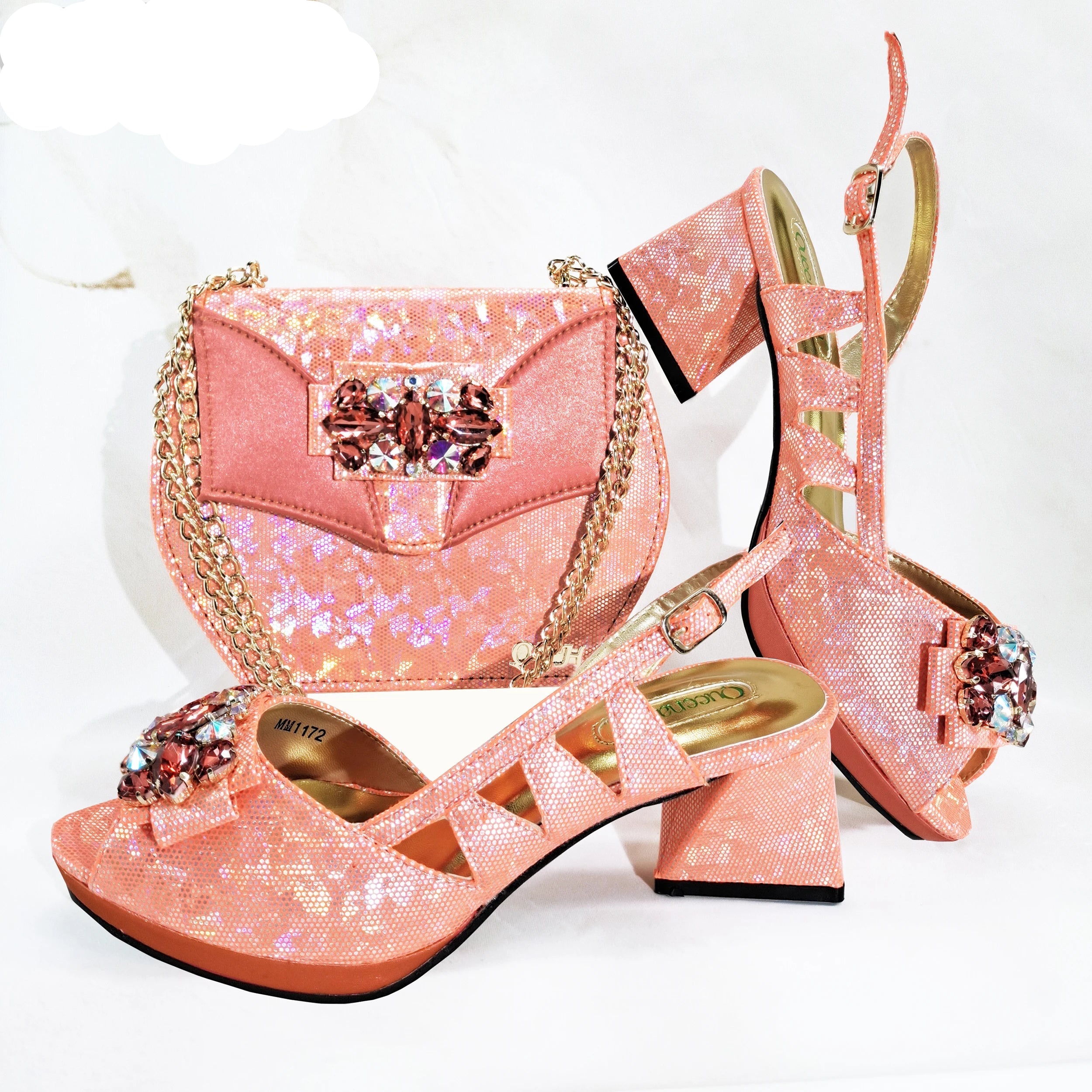 New-Season Peep Toe Ladies Elegant Coral Color Diamond-Embellished High Heels Italian-Designed Shoe and Handbag Set