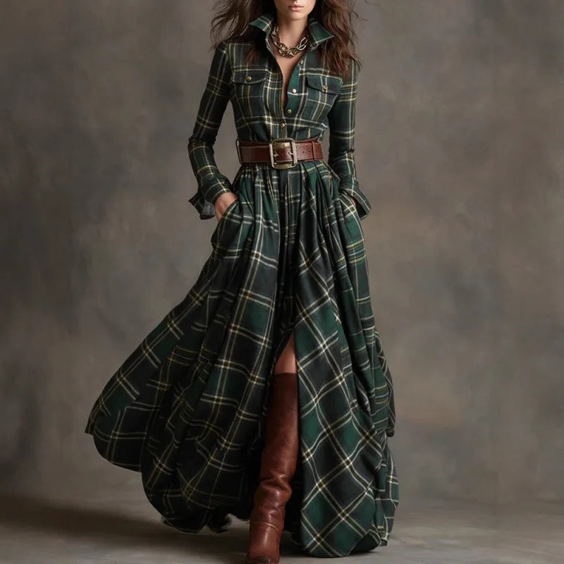 French Retro Plaid Print Slit Long Dresses Woman Elegant Turn-down Collar Button Maxi Dress Autumn Long Sleeve Pocket Boho Dress