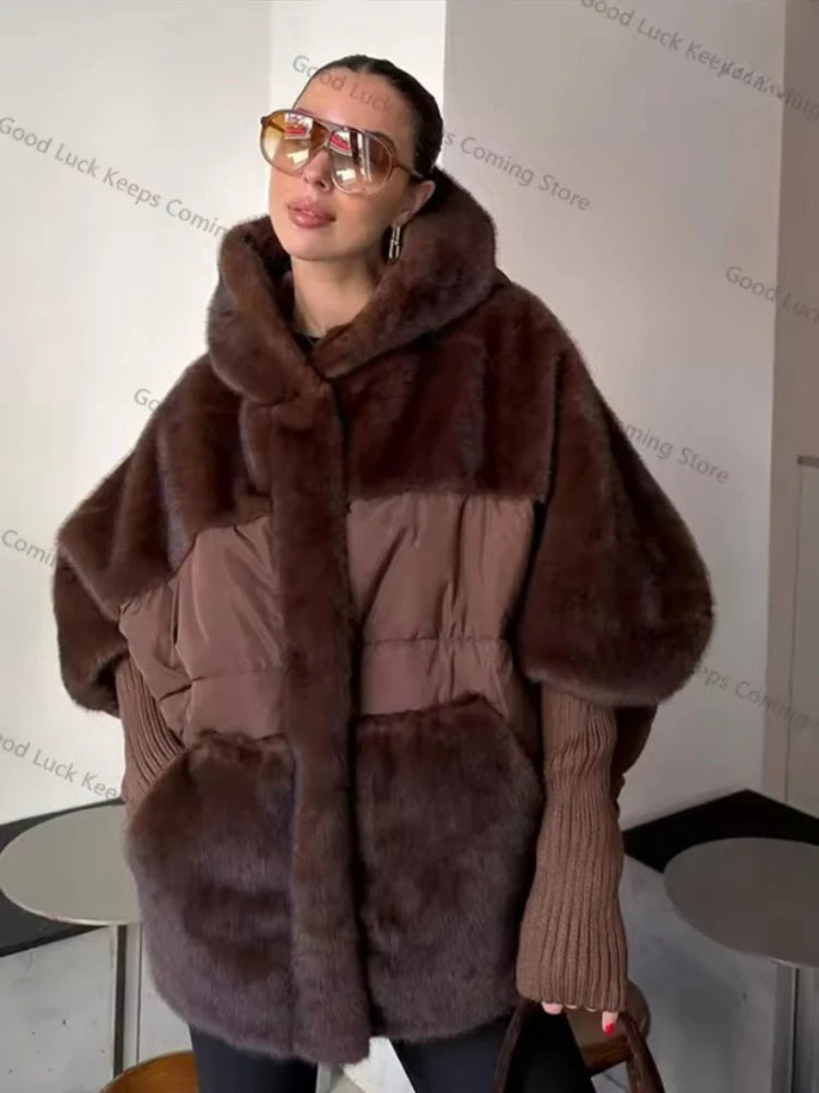 Women Fashion Hooded Patchwork Faux Fur Coat Knitted Sleeve Drop Shoulder Oversize Cotton Coats Autumn Winter 2026 Street Jacket