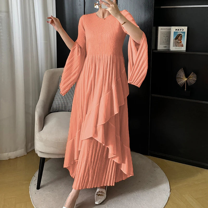 Ruffled Butterfly Sleeve Long Dress | Shirred A-Line Casual Dress