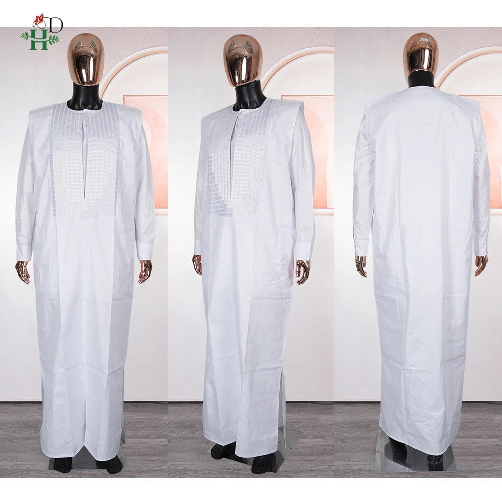 H&D African Clothing For Man Traditional Agbada Sets 3PCS Thobe Pant White Bazin Riche Embroidery Suits Wedding Party Plus Size