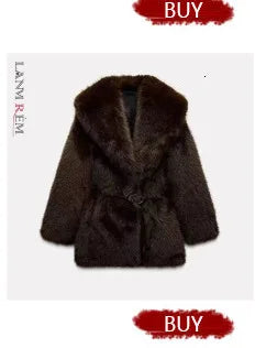 LANMREM Colorful Women's Furry Coat Rose Pink Faux Fur Coat Suit Collar Autumn Winter Thick Cardigan Long Overcoat Chic 2DB5859
