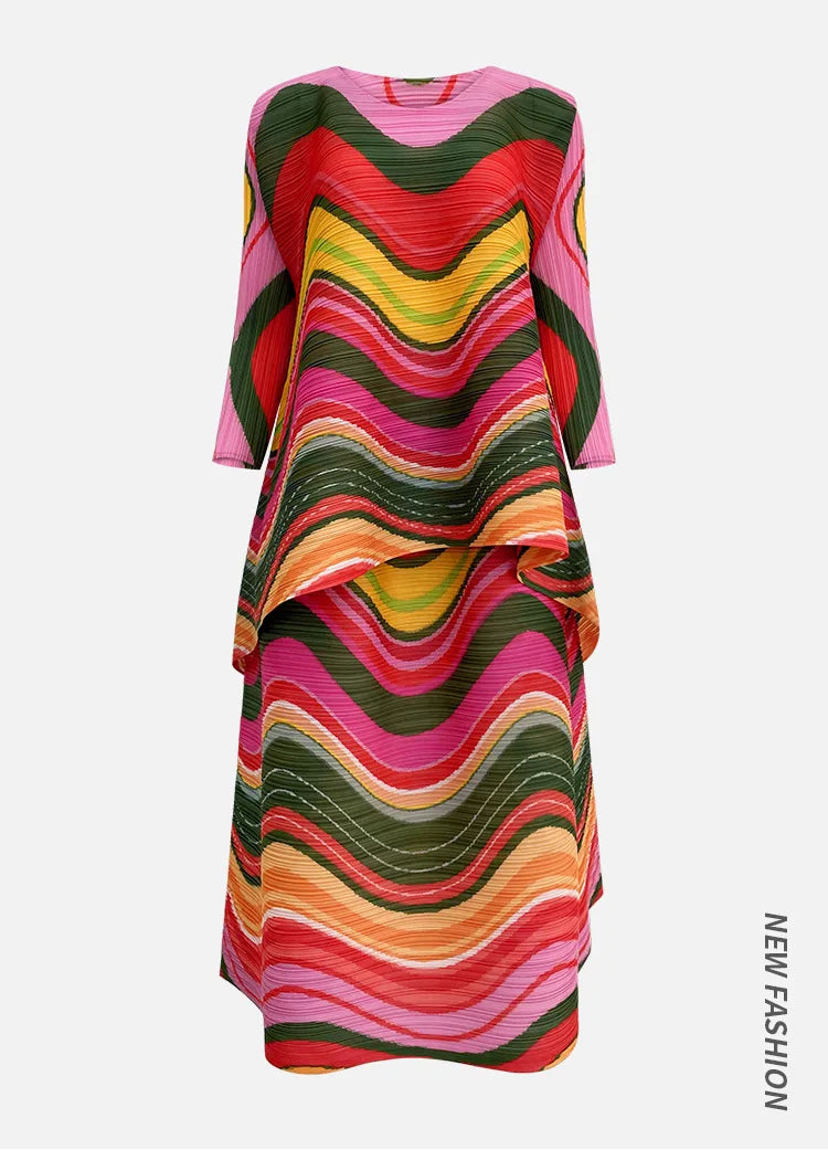 2025 Spring New Women's 2 Piece Set Miyake Pleated Top Fashion Stripe Age Reducing Suit Fashionable Matching Printed Half Skirt