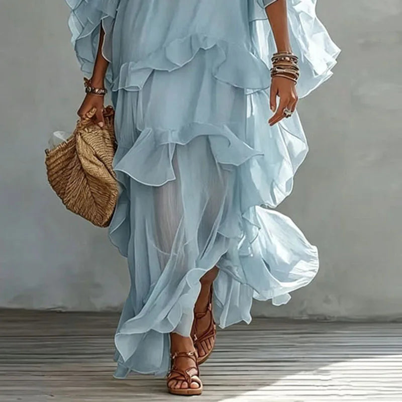 Vintage Solid Tiered Ruffle Mesh Dress Women Crew Neck Loose Batwing Sleeve Sheer Maxi Dress Elegant Holiday Travel Casual Dress
