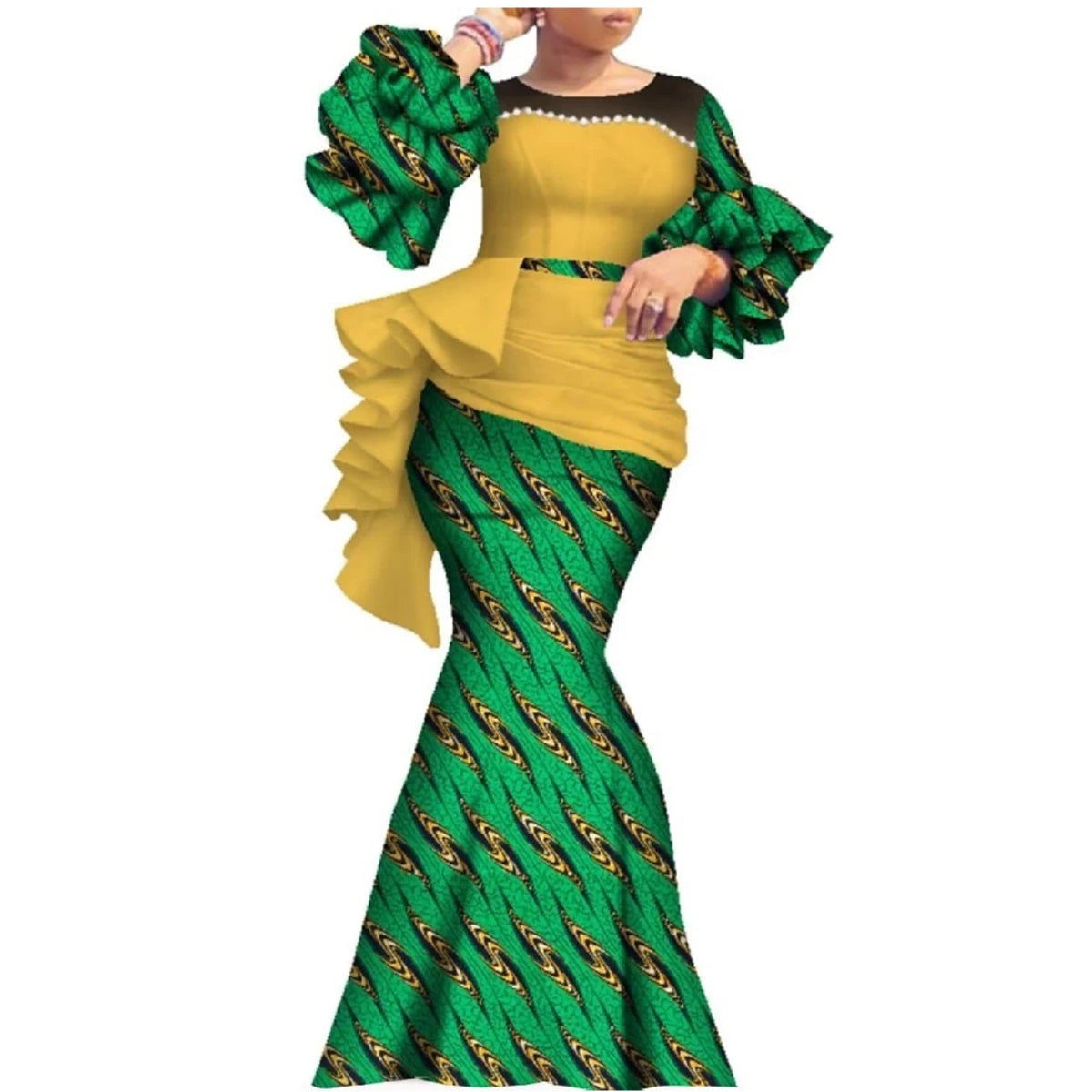 African Women's Long Dress Dashiki Traditional Costume Pearl Dresses Lantern Sleeve Ankara Wedding Party Clothing WY7769