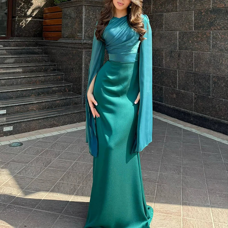 Robe en Satin Couleur Unie pour Femme, Robe de Soirée Élégante à Col Rond, Manches Chauve-souris, Taille Haute et Plissée, Robe Longue Mince et Tempéramentale